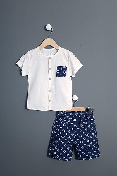 Trend Baby Kids Boy's Muslin Shirt Shorts 2-Piece Set Lv Design Navy Blue 2-3-4-5 Years Old Options