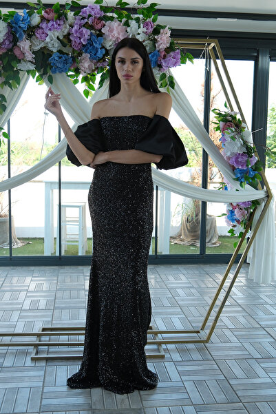 Feminist Pul Payetli Balon Kol Abiye Siyah 9705296