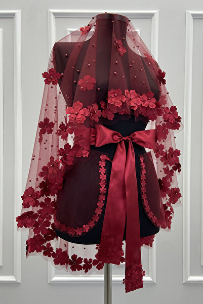 ZEYMERADE Bordo Gelin Duvak Seti, 3D Çiçek Ve İncili, Kına Gecesi Duvağı Yüz ...