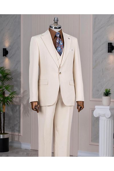 TerziAdemAltun Italian Style Slim Fit Jacket Vest Pants Suit Beige T14385