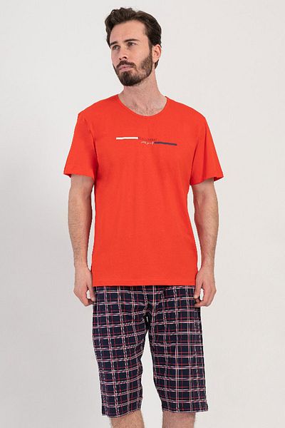 VİENETTA Cotton Men's Plus Size Short Sleeve Capri Pajama Suit, 408134