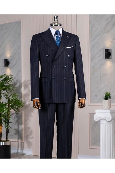 TerziAdemAltun Italian Style Double-Breasted Jacket Pants Suit 44% Wool Navy Blue T14322