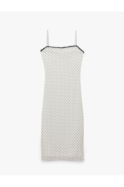 Koton New Season Square Neck Strap Polka Dot Lace Tulle Midi Dress