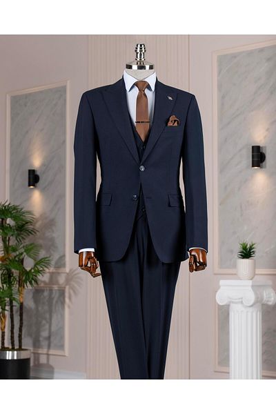 TerziAdemAltun Italian Style Slim Fit Jacket Vest Pants Suit Navy Blue T14312