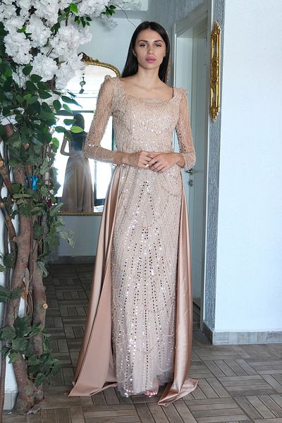 Feminist Beaded Tulle Sleeve Detailed Long Evening Dress Gold 9705463