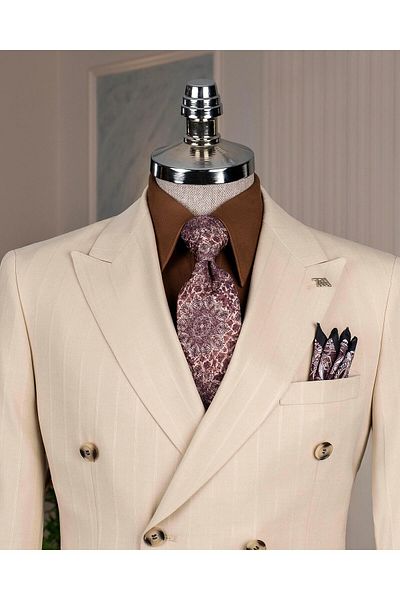 TerziAdemAltun Italian Style Slim Fit Double Breasted Jacket Pants Suit Beige T14202