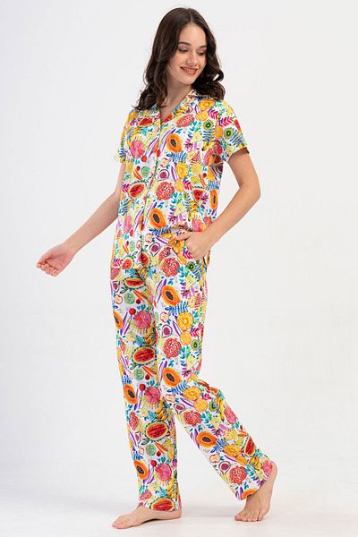VİENETTA Women's Cotton Collar All Button Short Sleeve Pajama Set, 408201