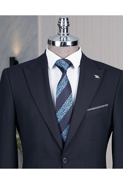 TerziAdemAltun Italian Style Slim Fit Pointed Collar Jacket Pants Suit Navy Blue T14288
