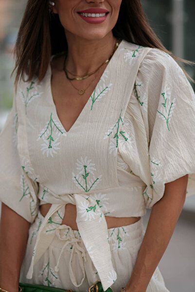 My Blog Stone Green Embroidery Print Detailed Linen Suit - 8013