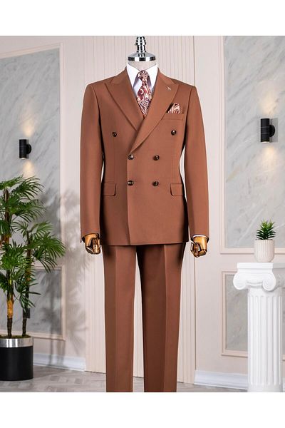 TerziAdemAltun Italian Style Double Breasted Jacket Pants Suit Brown T14387