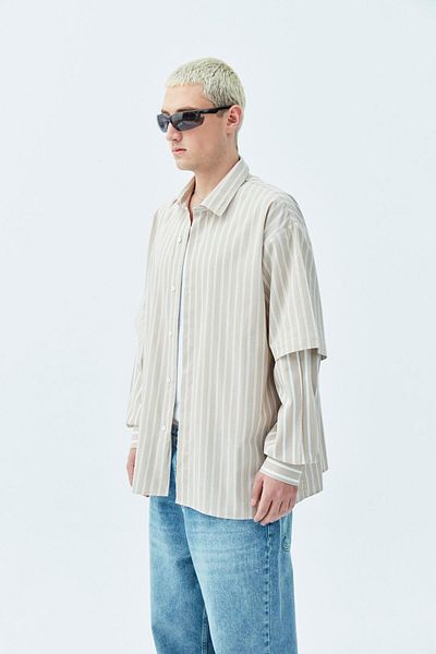 VAMOSCLO SLEEVE DETAIL OVERSIZE STRIPED SHIRT-MINK