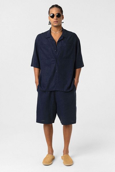VAMOSCLO Double Pocket Oversize Linen Shirt Navy Blue