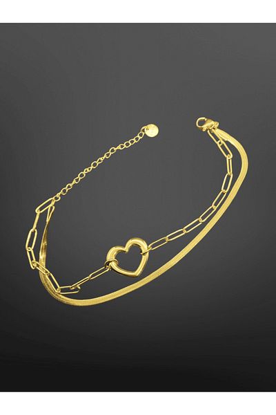 FM Gold Color Heart Model 316L Steel Double Chain Detailed Love Symbol Bracelet