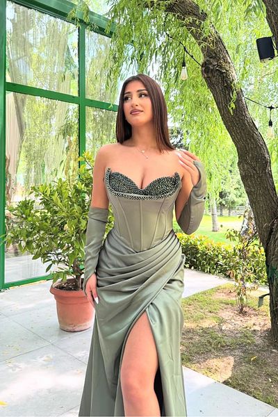 İyem Abiye Satin Mobile Sleeve Cat Ear Chest Stone Detail Stylish Evening Dress Full Fit