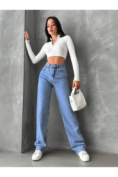 REDZARRAM ψηλόμεσο μπλε ίσιο γυναικείο τζιν παντελόνι