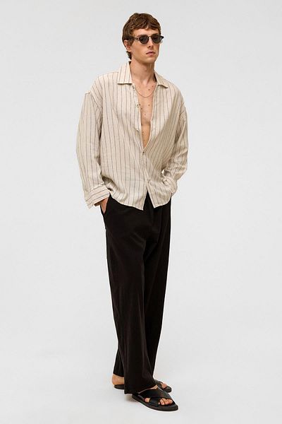 VAMOSCLO Oversize Long Sleeve Striped Linen Shirt Black