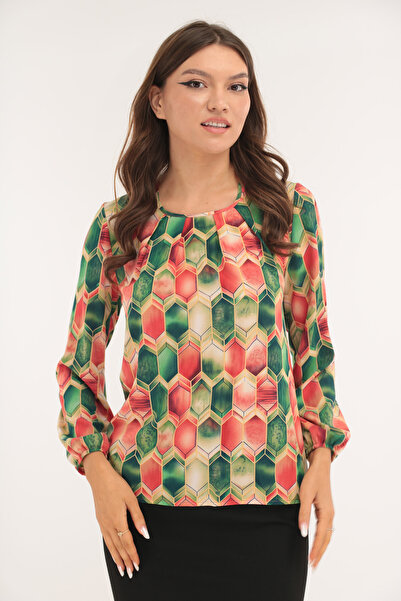 Vanessa Line RO Κοραλί μπλούζα με γεωμετρικά σχέδια και πιέτες στο ντεκολτέ