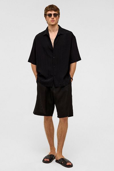 VAMOSCLO Oversize Striped Short Sleeve Modal Fabric Shirt Black