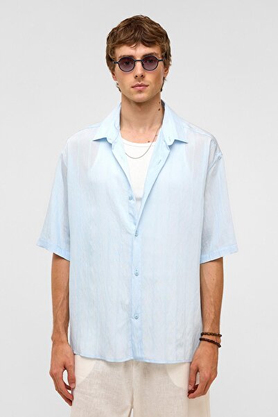 VAMOSCLO Оверсайз смугаста короткорукавна сорочка з модального полотна, блакитна