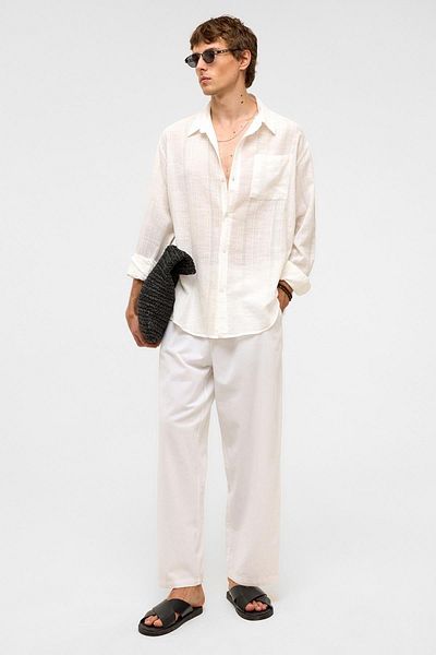 VAMOSCLO Oversize Striped Long Sleeve Linen Shirt Ecru