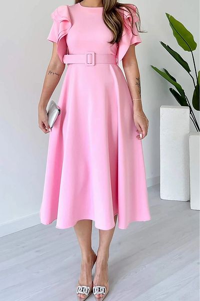 Neşeli Butik Women Pink Sleeve Ruffle Belt Midi Length Dress Nbk063