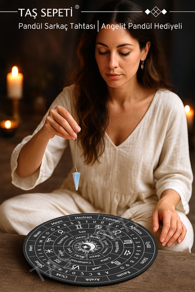 TAŞ SEPETİ Pandul Pendulum Board Organic Turkish Black Sun Moon Centered Angelite Natural Stone Pandul Gift