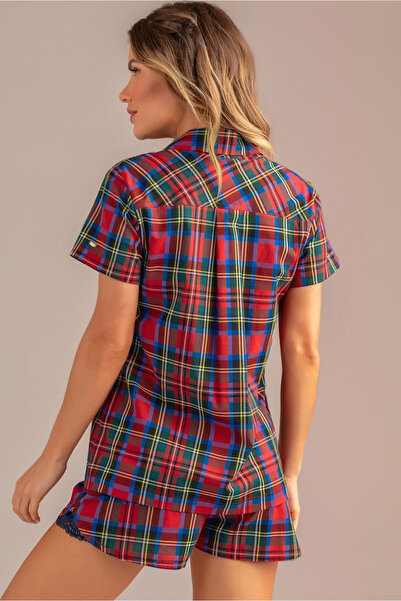 DOFİ Women's Plaid Patterned Shorts Set – Buttoned, Pockets, Elastic and Cuff Detail