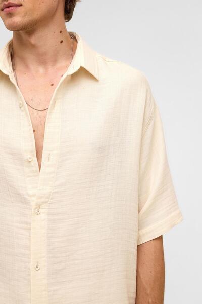VAMOSCLO Оверсайз сорочка з коротким рукавом з муслінової тканини, натуральний колір