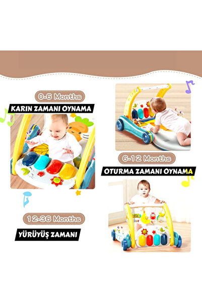 YILDIRIM OYUNCAK Piyanolu 2 in 1 Bebek Yürüteci ve Tavşan Desenli Oyun Halısı Sesli Işıklı 88 cm