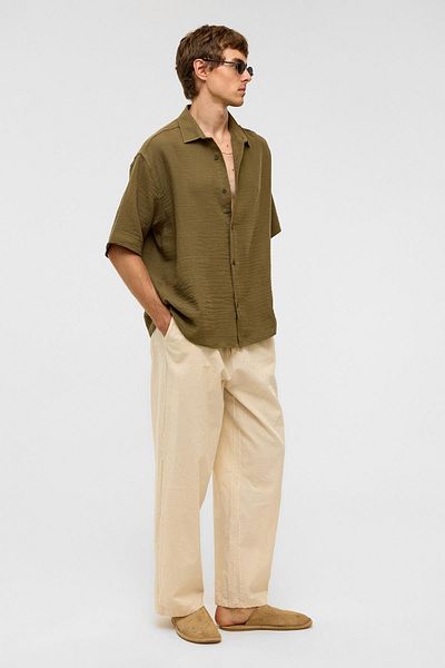VAMOSCLO Oversize Short Sleeve Muslin Fabric Shirt Khaki