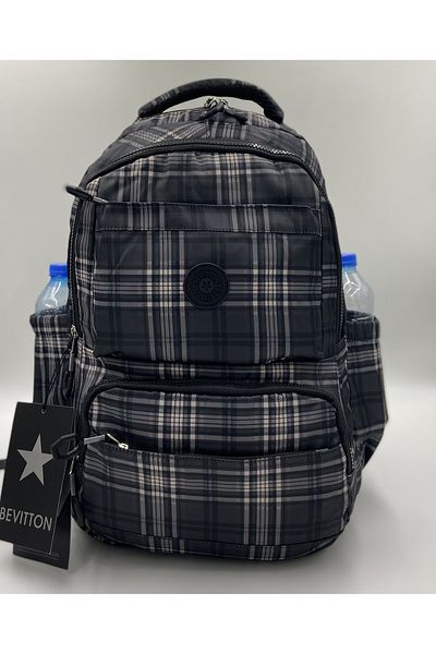 Harmela Water Resistant Fabric School Bag Unisex School Backpack 20267 Plaid Black