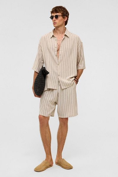 VAMOSCLO Oversize Striped Short Sleeve Linen Shirt Black