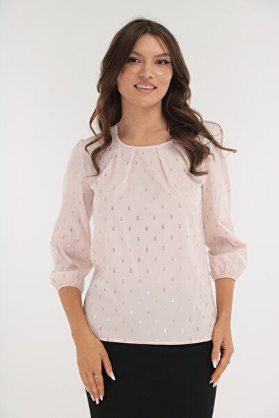 Vanessa Line RO Ροζ μπλούζα με χρυσό τύπωμα και πιέτες στο ντεκολτέ