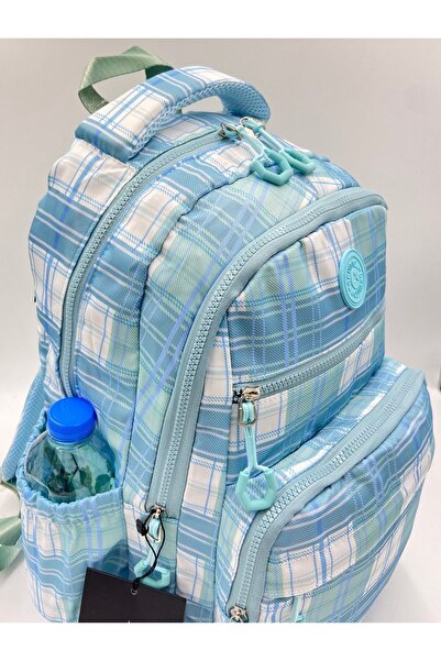 Harmela Water Resistant Fabric Plaid Blue Unisex School Backpack A3113