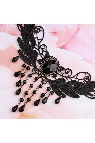 Yıldız Accessory Gothic Modern Black Lace Beaded Choker Necklace