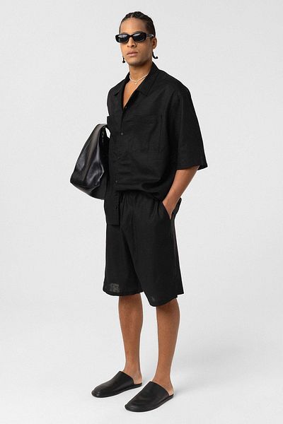 VAMOSCLO Double Pocket Oversize Linen Shirt Black