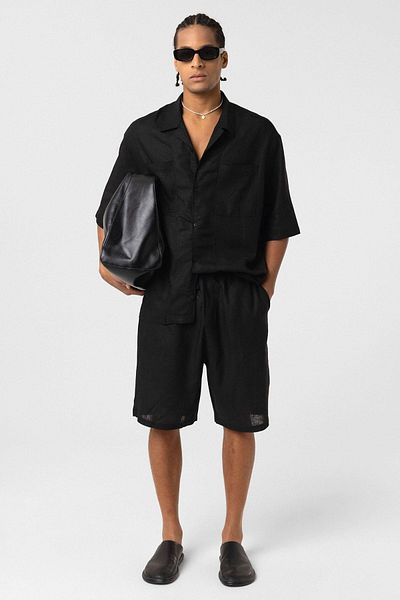 VAMOSCLO Double Pocket Oversize Linen Shirt Black