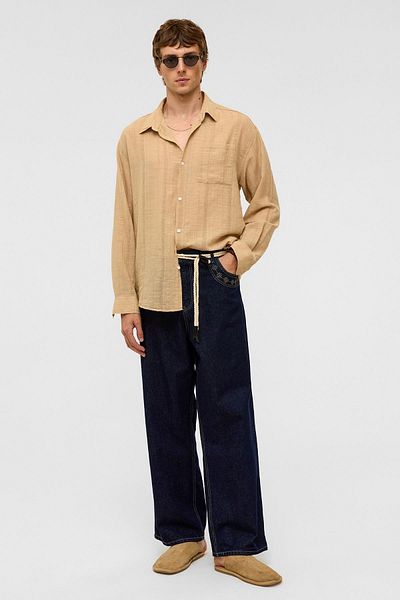 VAMOSCLO Oversize Striped Long Sleeve Linen Shirt Mink