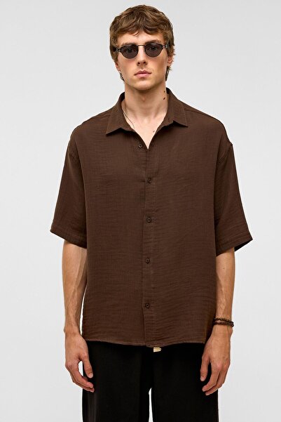 VAMOSCLO Oversize short sleeve muslin fabric shirt coffee