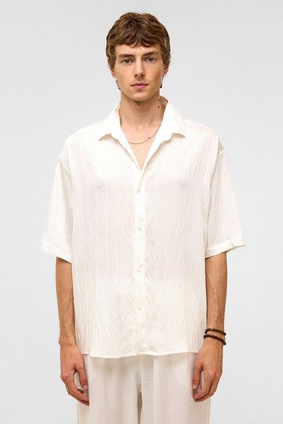 VAMOSCLO Oversize Striped Short Sleeve Modal Fabric Shirt White