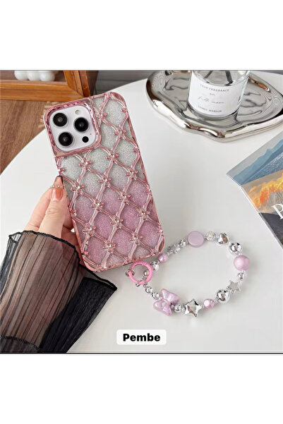 DGN İphone 15 Pro Max Uyumlu Yıldız Çiçek Kaplama Simli Kağıtlı Bileklik Hedi...