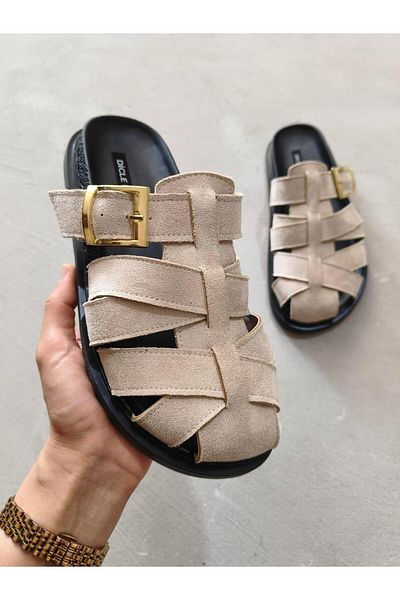 diclepolat Patter Beige Suede Belt Buckle Detailed Flat Sole Women's Slippers