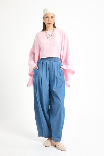 minaaise Dark Blue Oversize Cut Elastic Denim Trousers 29274