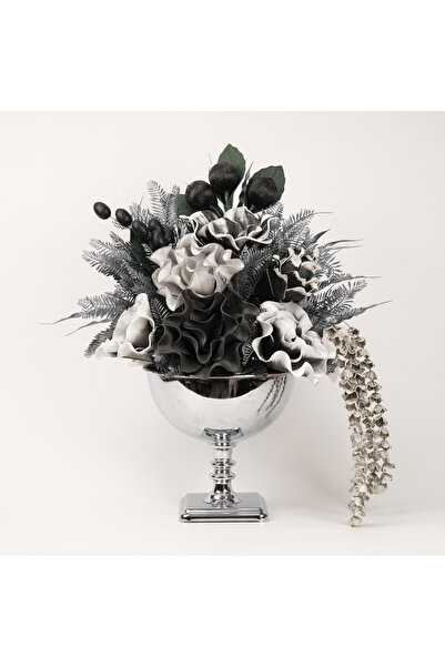 TASARIMHMODA Yapay Çiçekli Gümüş Kare Ayak Vazo No:14