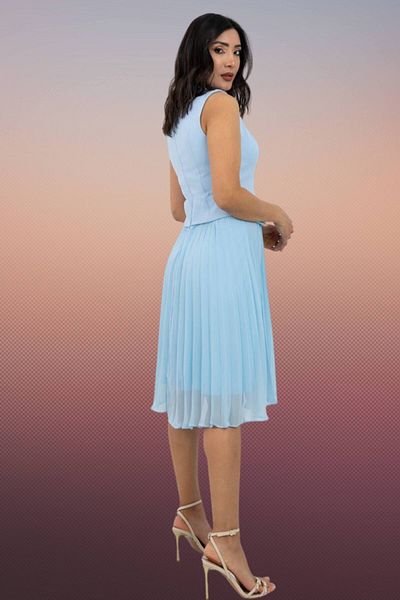 Moda Amore Premium Women's Evening Dress - Pi̇li̇si̇led Gold Button Detail Jacket Collar 420