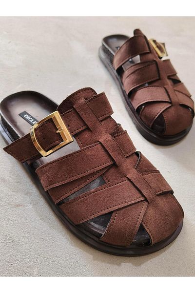 diclepolat Patter Brown Suede Belt Buckle Detailed Flat Sole Women's Slippers