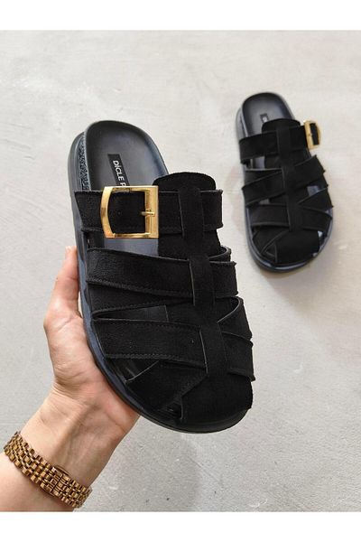 diclepolat Patter Black Suede Belt Buckle Detailed Flat Sole Women's Slippers