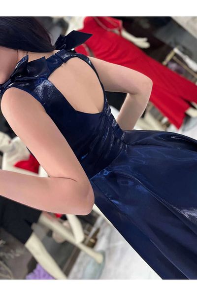 Zoe Zoe Wrap Strap Bow Detailed Backless Midi Length Shiny Evening Dress
