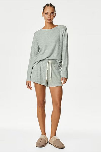 DOFİ Women's Gray Ribbed Shorts Set – T-Shirt with Drawstring Detail, Shorts with Pockets and Drawstring