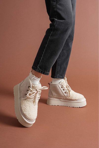 Esilapark Teddy Women's Thick Sole Cream Fur Inside Original Suede Boots